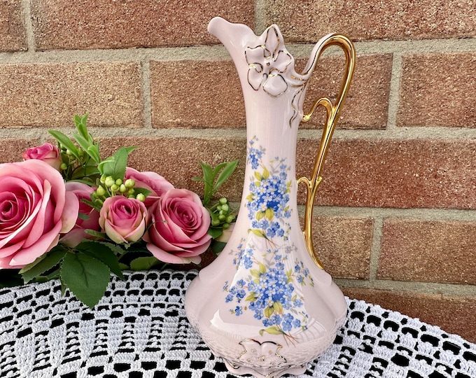 Exquisite Pink Porcelain Vase Adorned with Blue Forget-Me-Nots and Gilded in 24K Gold