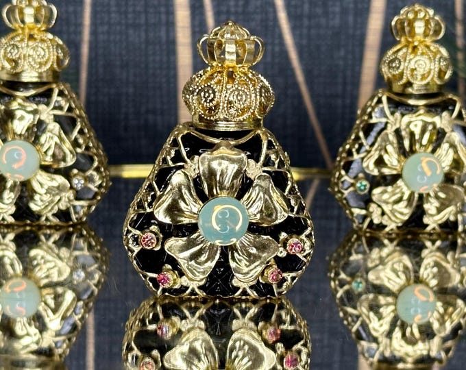 Black Opaque Glass Perfume Bottle with Uranium Cabochon - Elegant Oil Perfume Storage