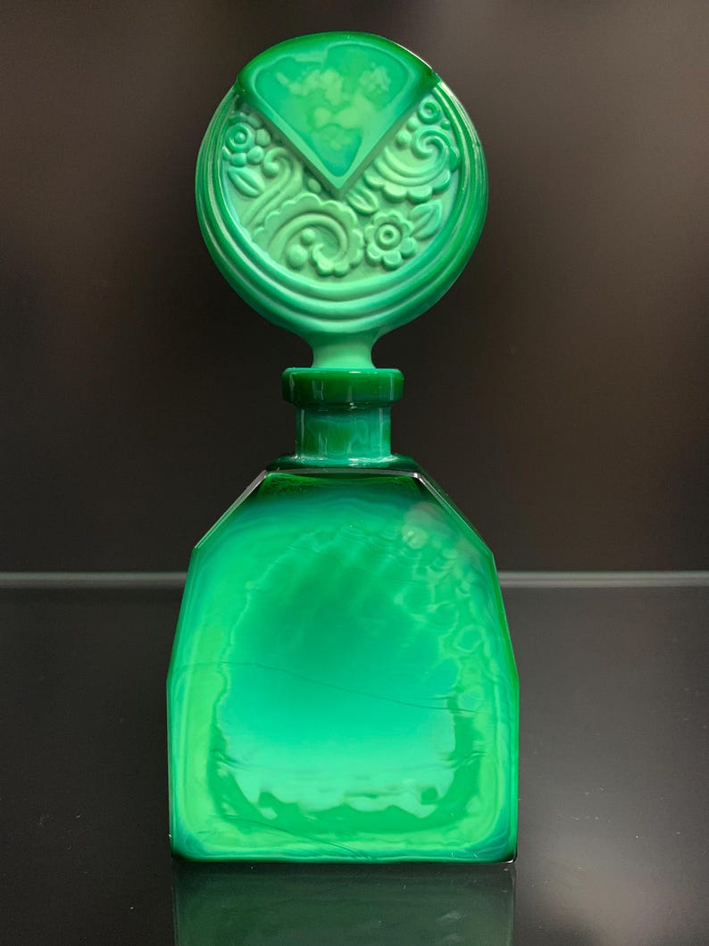 Frasco de perfume vintage Art Déco de vidrio verde – Decoración de tocador, frasco de colección imagen 3