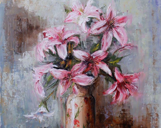 Original Oil Painting – Pink Lilies in Vase | Textured Impressionist Floral Art | Luxury Wall Decor | 75x65 cm