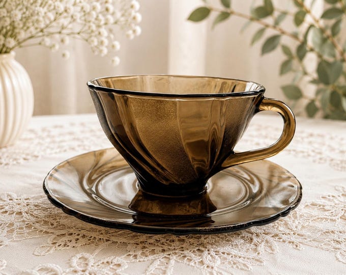 Vintage Smoked Glass Tea Set – 10 Pieces – 4 Tea Cups, 4 Saucers & 2 Dessert Bowls
