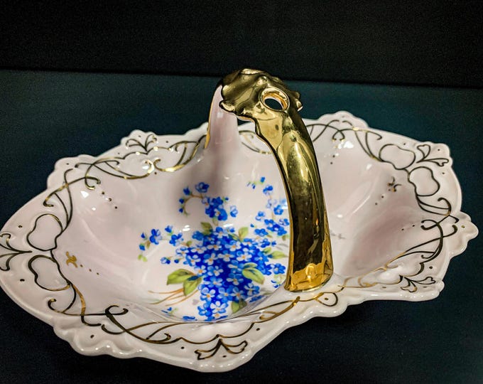 Unique Porcelain Candy Dish Featuring Delicate Blue Forget-Me-Nots and Luxurious 24K Gold Detailing