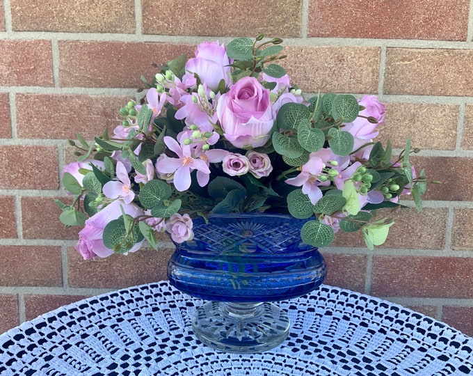 Vintage Cut Cobalt Bowl: Czech Lead Crystal Pedestal Vase