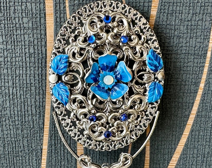 One-of-a-kind Handmade Vintage Mirror with Blue Metal Flower Decoration