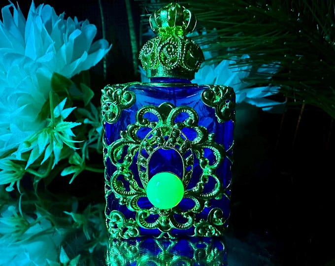 Elegant Blue Glass Oil Perfume Bottle with Gold Ornament and Uranium Glass Cabochon