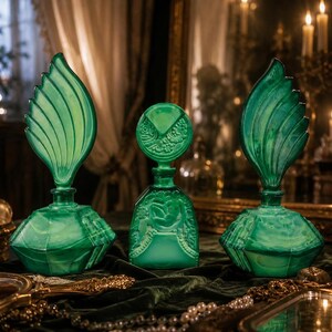 Puede incluir: Tres frascos de perfume de vidrio verde esmeralda. Dos frascos tienen tapones altos en forma de hoja con texturas acanaladas. El frasco central tiene una base cuadrada con relieves y un tap&oacute;n redondo adornado con patrones florales.