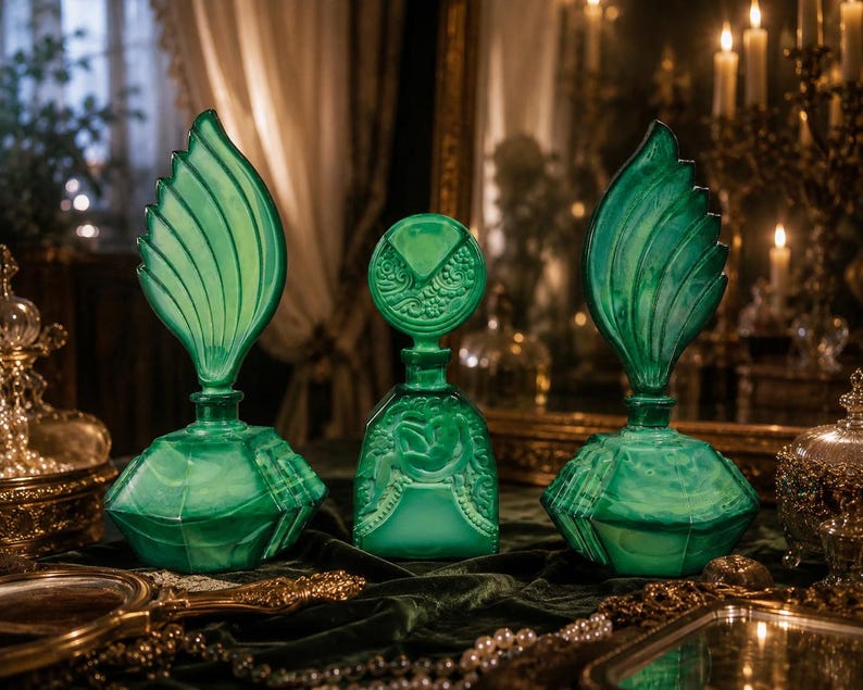 Puede incluir: Tres frascos de perfume de vidrio verde esmeralda. Dos frascos tienen tapones altos en forma de hoja con texturas acanaladas. El frasco central tiene una base cuadrada con relieves y un tap&oacute;n redondo adornado con patrones florales.