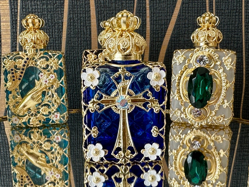 Dark Blue Glass Oil Perfume Bottle With Cross Design Handcrafted