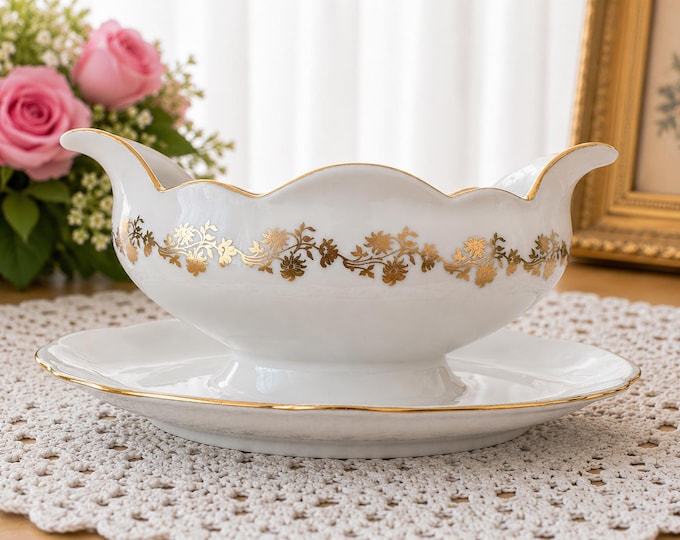 1930 Moritz Zdekauer Porcelain Gravy Boat with Gold Rim - Handcrafted Elegance