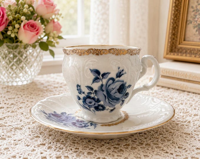 Collectible Porcelain Coffee Cup: Blue Rose Design