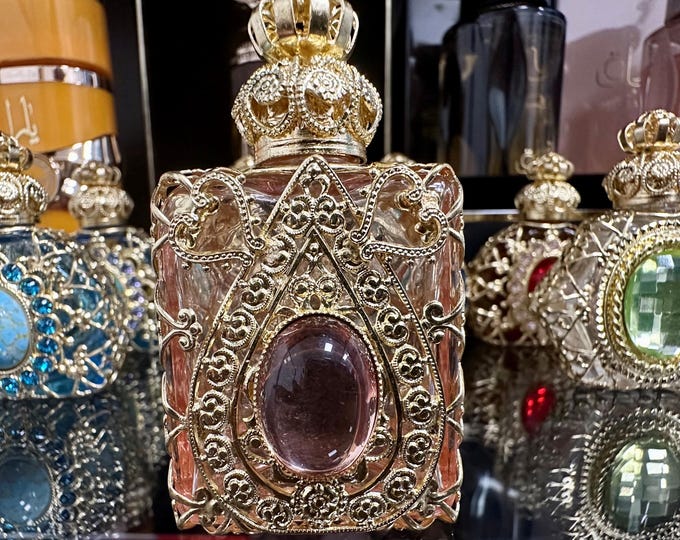 Vintage Style Perfume Bottle: Rose Glass, Gold Filigree, Amethyst Cabochon