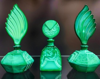 Frasco de perfume estilo Art Déco vintage – Decoración de tocador de vidrio verde – Elige tu diseño – Frasco de vidrio coleccionable