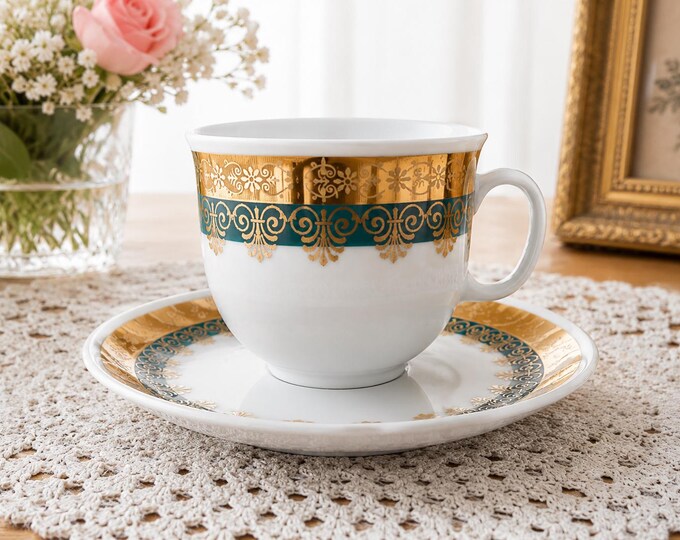 Antique Chodov Porcelain Tea Cups: 24k Gold, Green Ornament