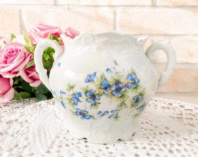 Antique Porcelain Sugar Bowl: Blue Floral Decor (No Lid)