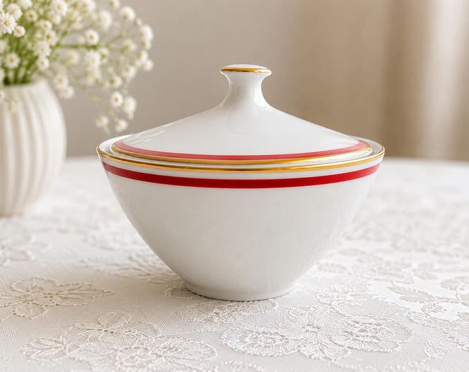 Vintage Porcelain Sugar Bowl – White with Red Gold Trim, European Fine China