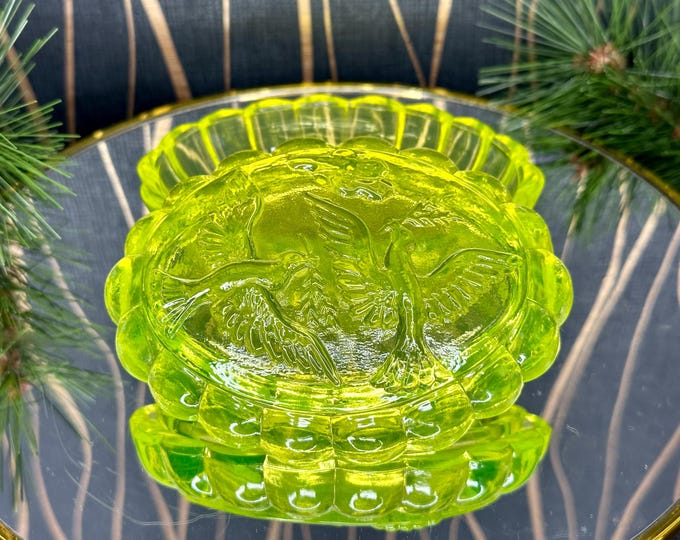 Handcrafted Uranium Glass Jar with Dove Lid - Artisan Bird Motif Home Decor