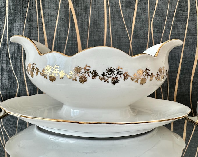 1930 Moritz Zdekauer Porcelain Gravy Boat with Gold Rim - Handcrafted Elegance