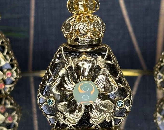 Dark Glass Perfume Bottle with Uranium Cabochon - Elegant Oil Perfume Storage