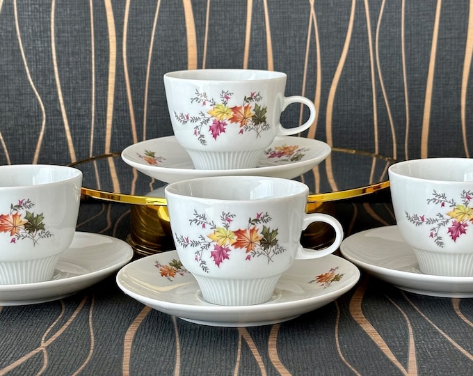 Vintage Colditz Porcelain Coffee Cup Set: Maple Leaf Design, 1980s GDR