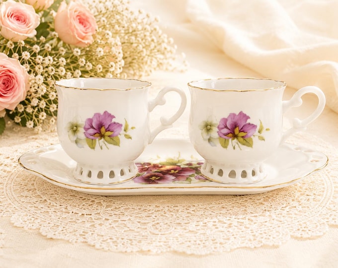 Vintage Porcelain Demitasse Coffee Cup Set (2 Cups on 1 Tray)