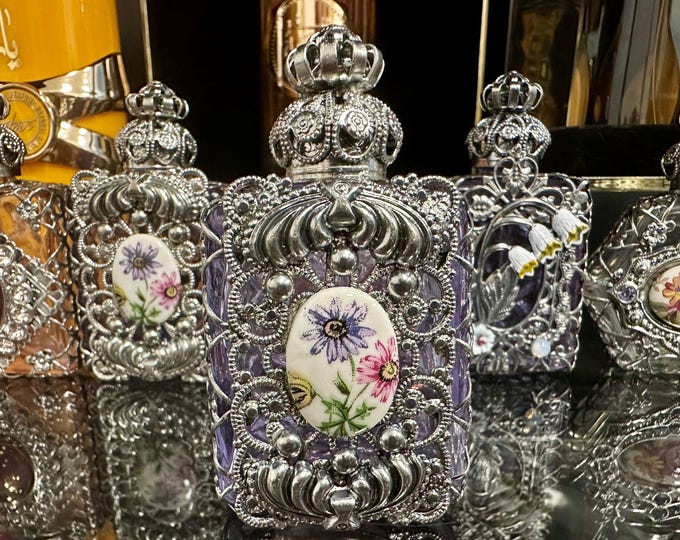 Handcrafted Butter Perfume Bottle in Purple Glass adorned with Metallic Braiding - Exquisite and Unique