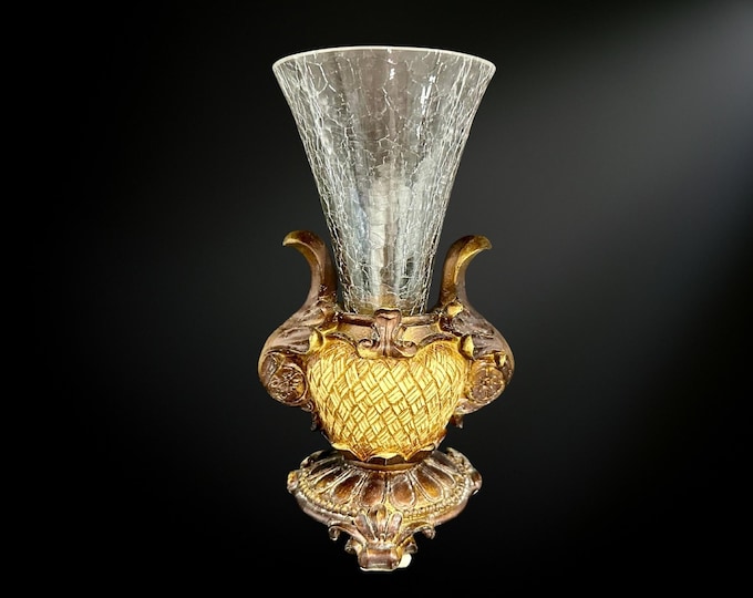 Set of 6 Vintage Crackle Glass Trumpet Vases – Ornate Pedestal Base, Baroque Style