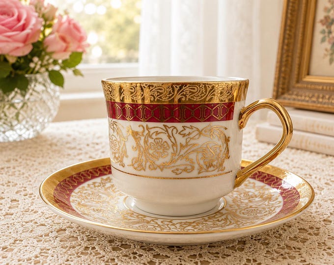 Gold-Trimmed Porcelain Coffee Cup Set: White, Burgundy, and Gold (6 Piece)