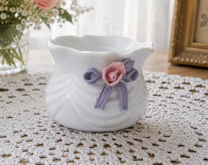 Vintage Porcelain Sugar Bowl: 1960s Rose & Bow Decor