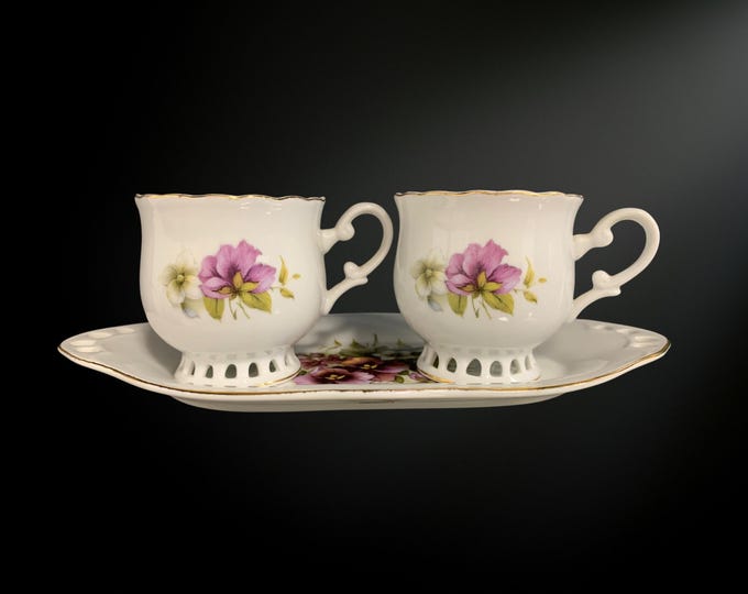 Vintage Porcelain Demitasse Coffee Cup Set (2 Cups on 1 Tray)