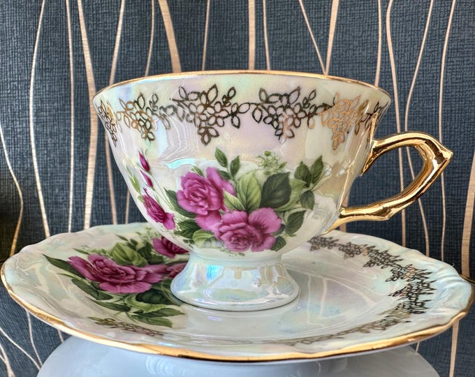 Porcelain Coffee Cup Set: 24K Gold Roses & Irises