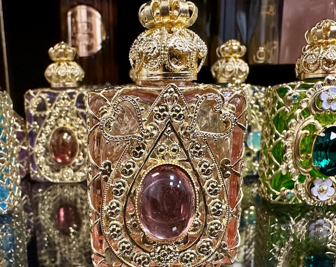 Vintage Style Perfume Bottle: Rose Glass, Gold Filigree, Amethyst Cabochon