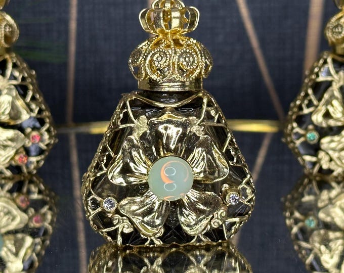 Dark Glass Perfume Bottle with Uranium Cabochon - Elegant Oil Perfume Storage