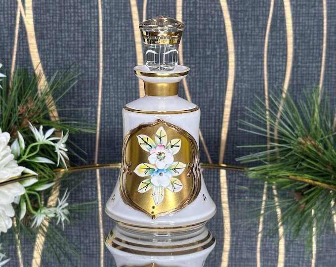 Luxurious Handcrafted Milk Glass Perfume Bottle with Floral Motif and 24K Gold Design