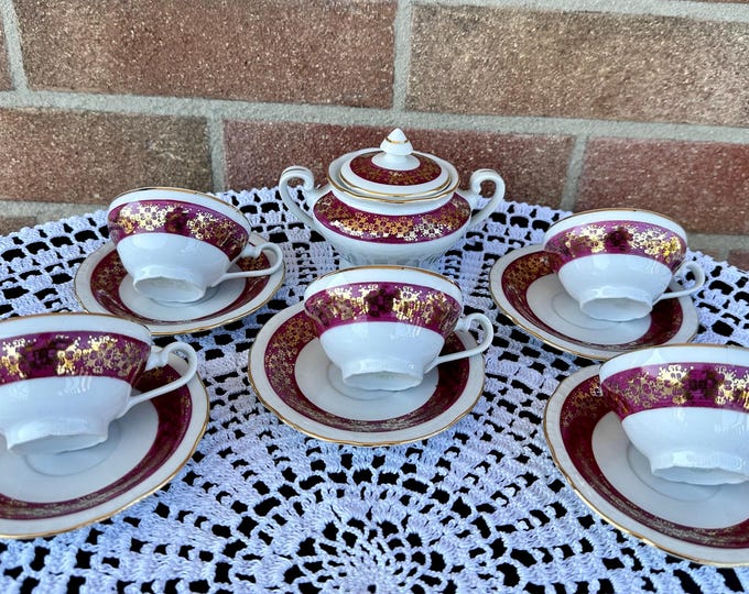 Vintage Olympia Porcelain Coffee Set: Czechoslovakia, 5 Cups & Sugar Bowl