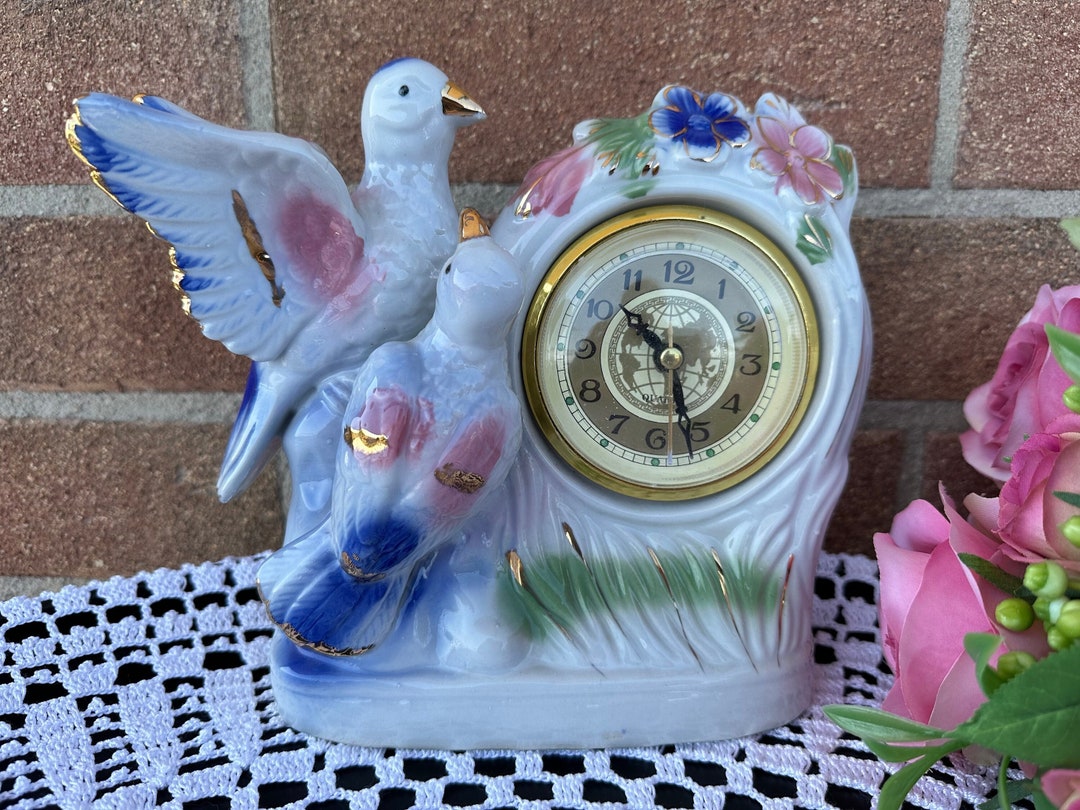 Vintage Porcelain Mantel Quartz Clock With Bird and Flower Motif