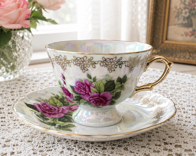 Porcelain Coffee Cup Set: 24K Gold Roses & Irises