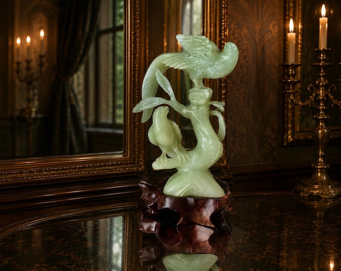Antique Hand Carved Jade Birds Figurine - Intricate Statuette on Wooden Base
