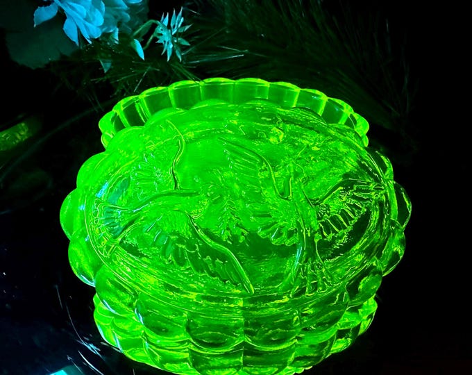Handcrafted Uranium Glass Jar with Dove Lid - Artisan Bird Motif Home Decor