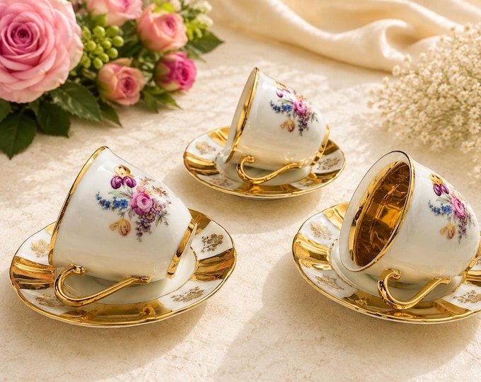 Porcelain Coffee Cup Set: Floral Design, 24K Gold Detail