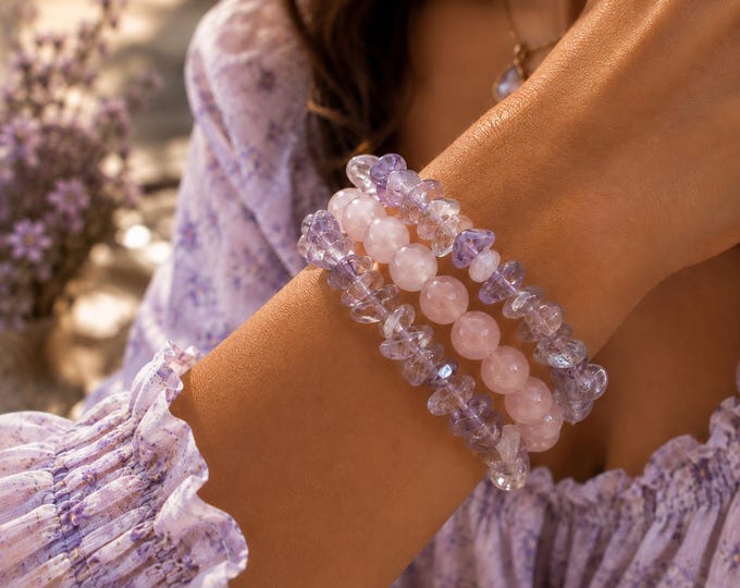 Rose Quartz & Lavender Amethyst Bracelet Set of 3