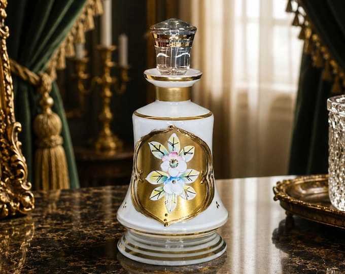 Luxurious Handcrafted Milk Glass Perfume Bottle with Floral Motif and 24K Gold Design