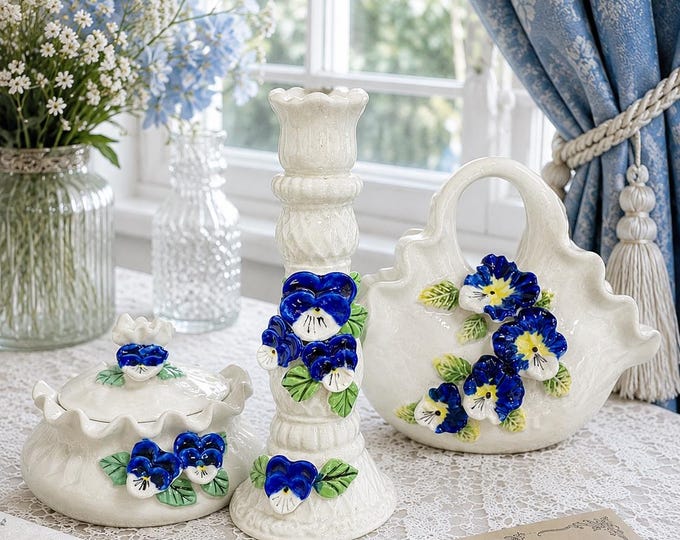Vintage Porcelain Pansy Flower Set – Decorative Basket, Trinket Box & Candle Holder