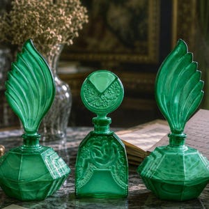 Frasco de perfume vintage Art Déco de vidrio verde – Decoración de tocador, frasco de colección imagen 9