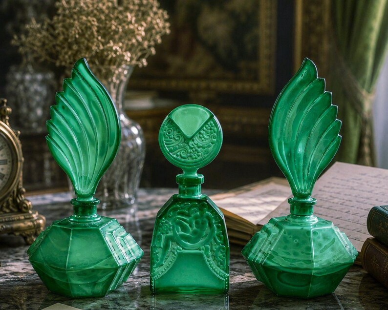 Frasco de perfume vintage Art Déco de vidrio verde – Decoración de tocador, frasco de colección imagen 9