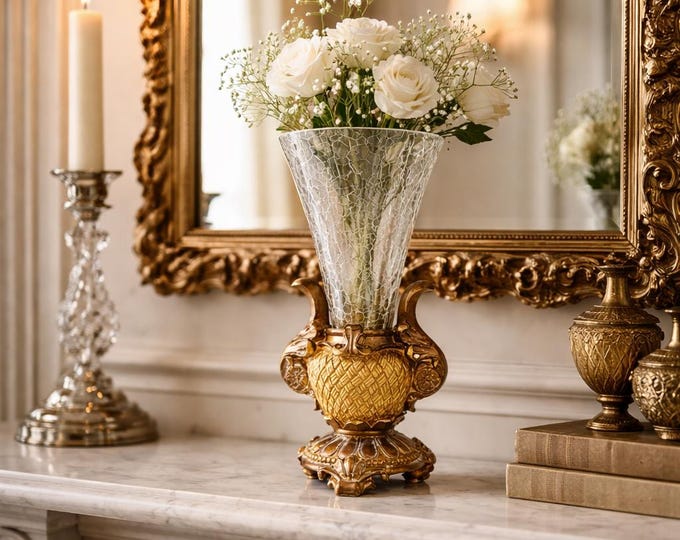 Set of 6 Vintage Crackle Glass Trumpet Vases – Ornate Pedestal Base, Baroque Style