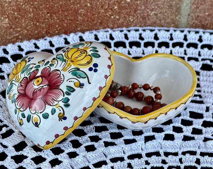 Hand Painted Ceramic Heart Box: Floral Jewelry Trinket Dish