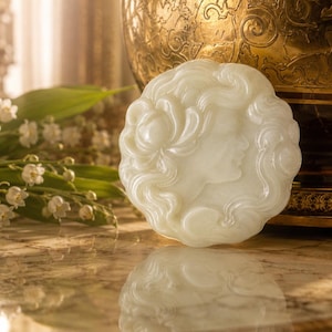 Könnte beinhalten: Ein weißes, kreisförmiges Dekorationsobjekt mit einem geschnitzten Profil eines Frauengesichts. Das Objekt steht auf einer reflektierenden Oberfläche, mit einer goldenen, verzierten Vase im Hintergrund. Maiglöckchenblüten und -blätter befinden sich im Vordergrund.