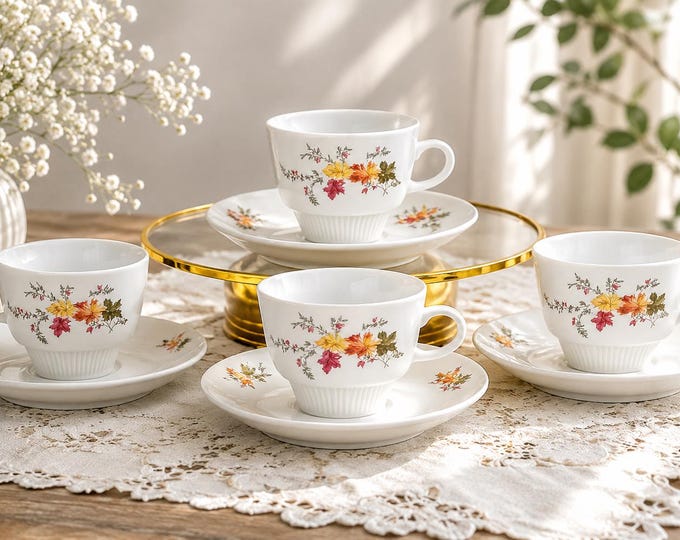 Vintage Colditz Porcelain Coffee Cup Set: Maple Leaf Design, 1980s GDR