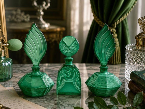 Vintage Art Deco Green Glass Perfume Bottle – Vanity Decor, Collectible Flacon