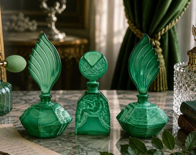 Vintage Art Deco Green Glass Perfume Bottle – Vanity Decor, Collectible Flacon